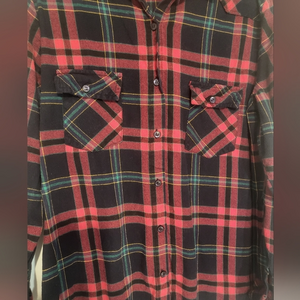 Matchstick Plaid Button Up Shirt Size L Red Black‎ Flannel Collared Long Sleeve